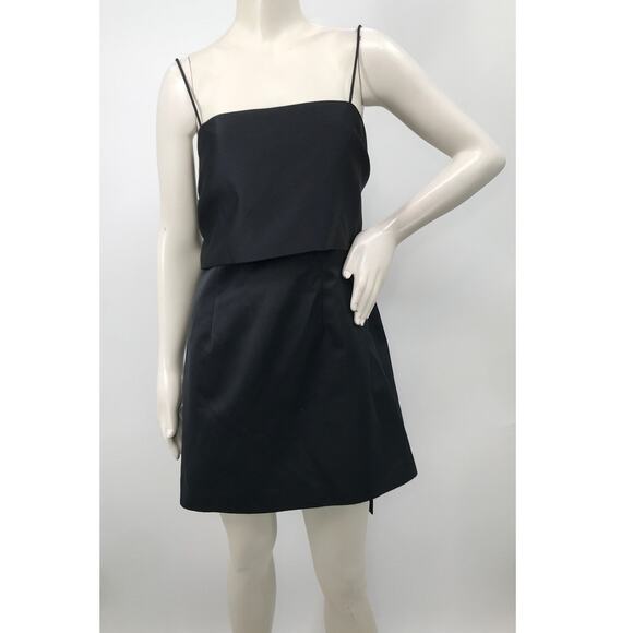 AMUR Black Satin Spaghetti Strap Back Bow Tiered Mini Dress 8 Classic Party - Picture 1 of 11